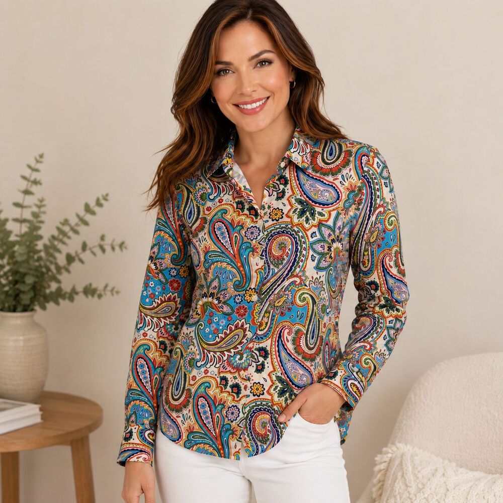 Hinson Wu Margot Paisley Print Button Front Stretch Cotton Shirt XS Multicolor